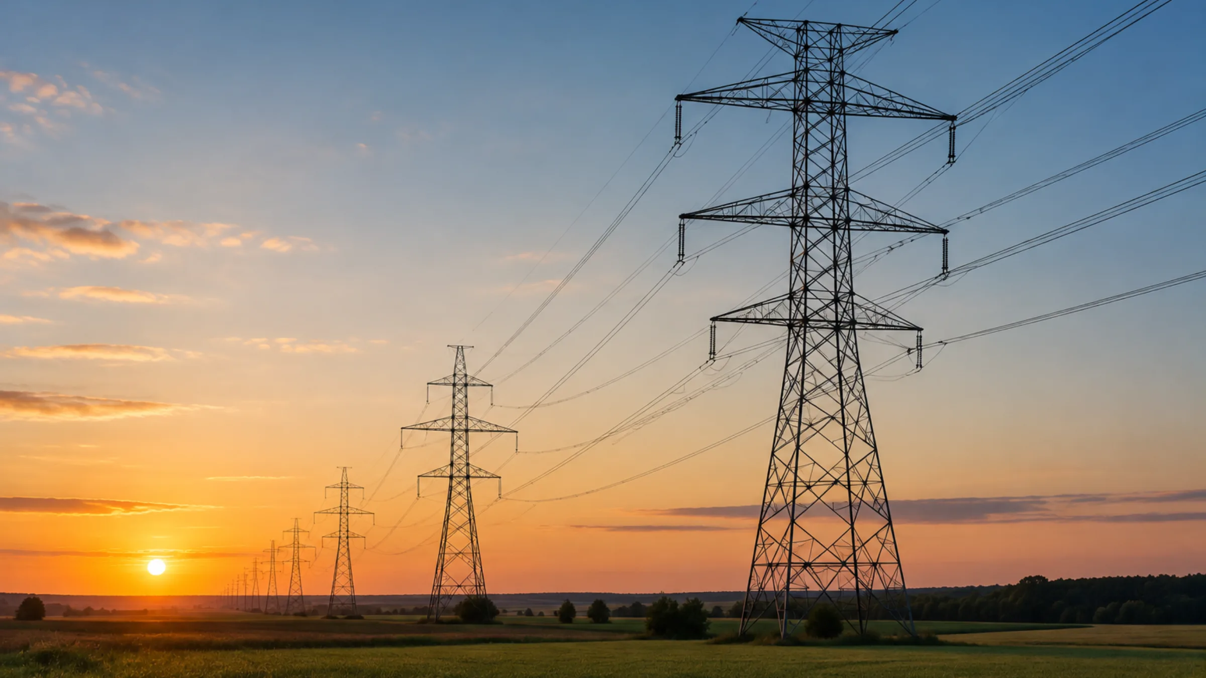 Linie przesyłowe systemu elektroenergetycznego o zachodzie słońca