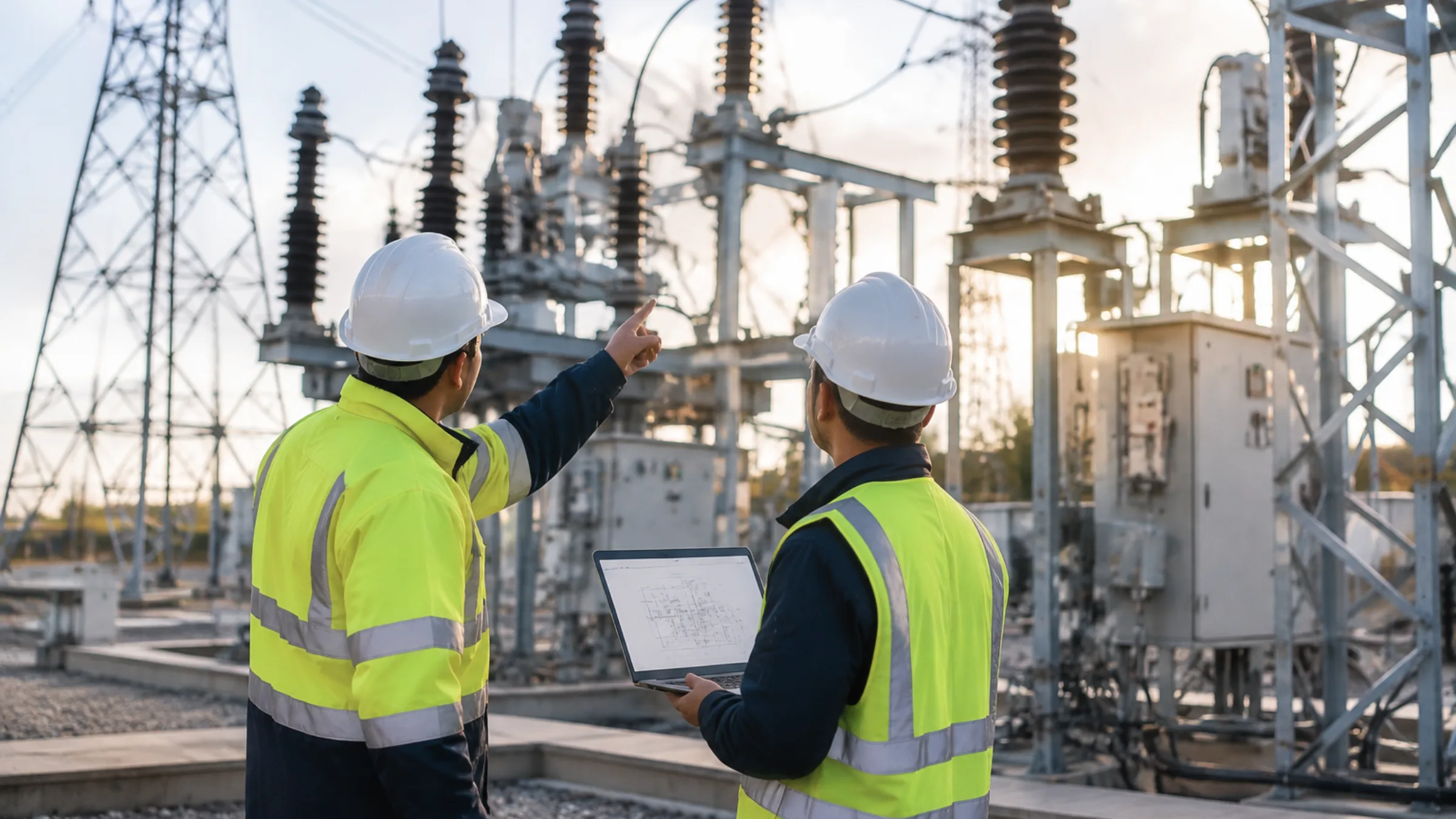Specjaliści analizujący infrastrukturę elektroenergetyczną przy stacji